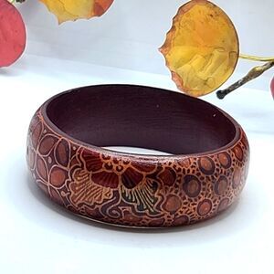 "5/$25" Boho Wooden Floral Wide Bangle Bracelet